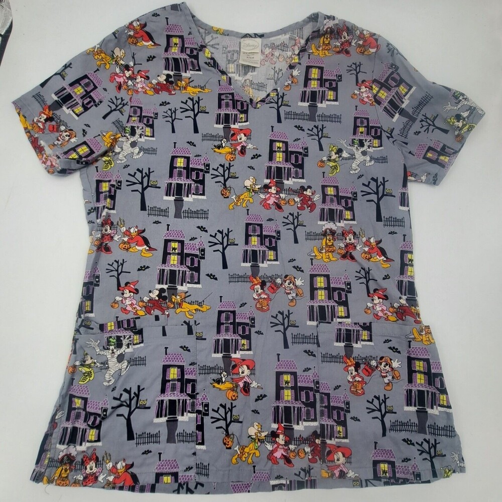 Disney Halloween Scrub Top Trick Or Treat Mickey Minnie Donald Goofy Pluto Small